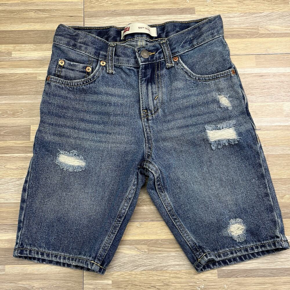 Levi’s 511 Slim Fit Kids Size 8 Distressed Denim Shorts Dark Adjustable - JL498